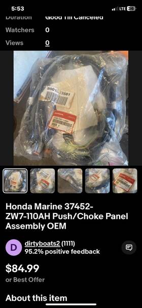 37452-zw7-110ah Honda 37452-zw7-010ah New Genuine Push/choke/stop Panel Assembly
