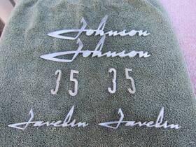 304869 Johnson Antique Outboard Motor Hood Chrome Script 1957 Javelin 35 All Clips