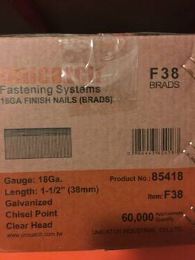 85418 Unicatch 1 1/2 Inch 18 Gauge Straight Brad Finish Nails Ga. 5 000/bx. Case Of 6
