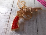 Revolver Pistol Gun Betsey Johnson Red Rhinestone Gold Necklace Pendant. Fixed Price $150.00.